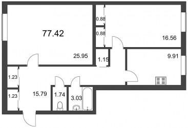 Двухкомнатная квартира 77.42 м²